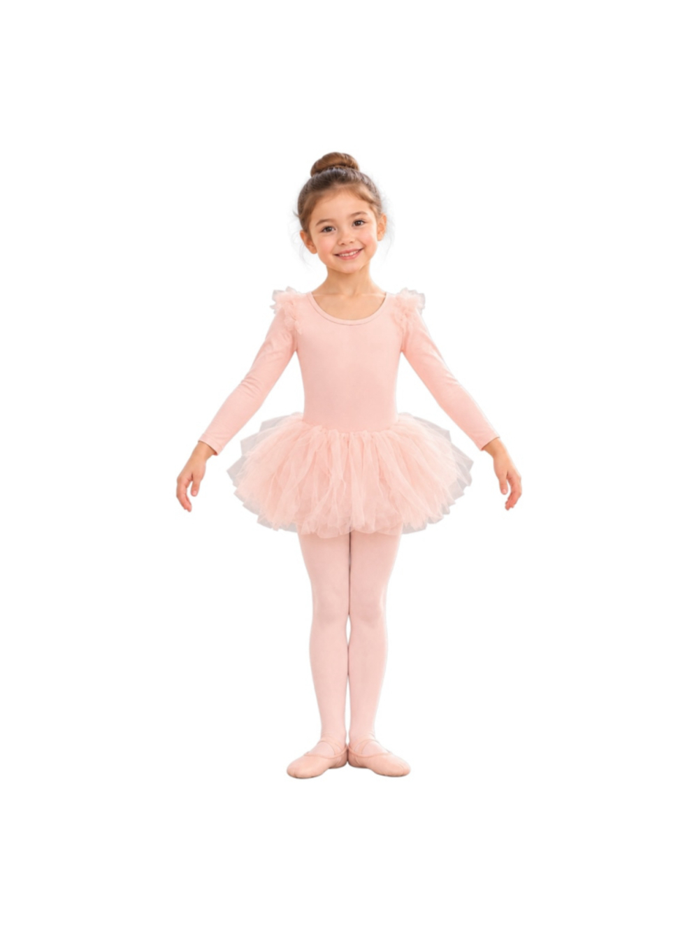 Girls Pink Long Sleeve Ballet Tutu Dress Ruffle Shoulders Size 120 5-6
